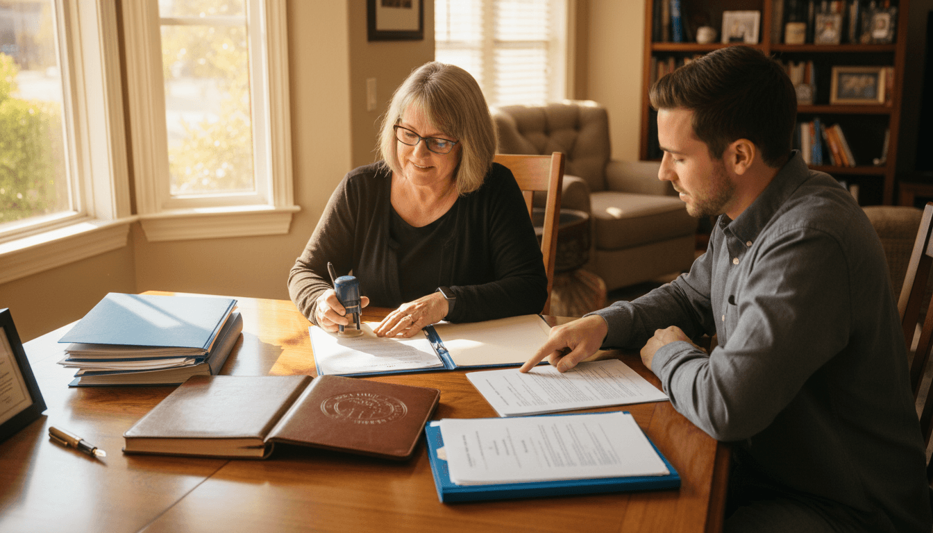 Notary signing documents at a client's home with natural light