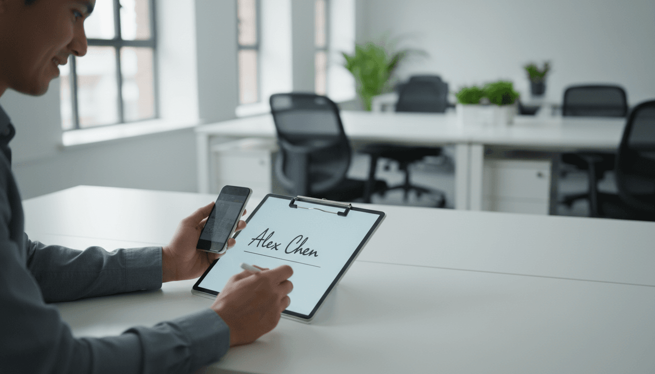 Person holding phone and signing a document at a desk