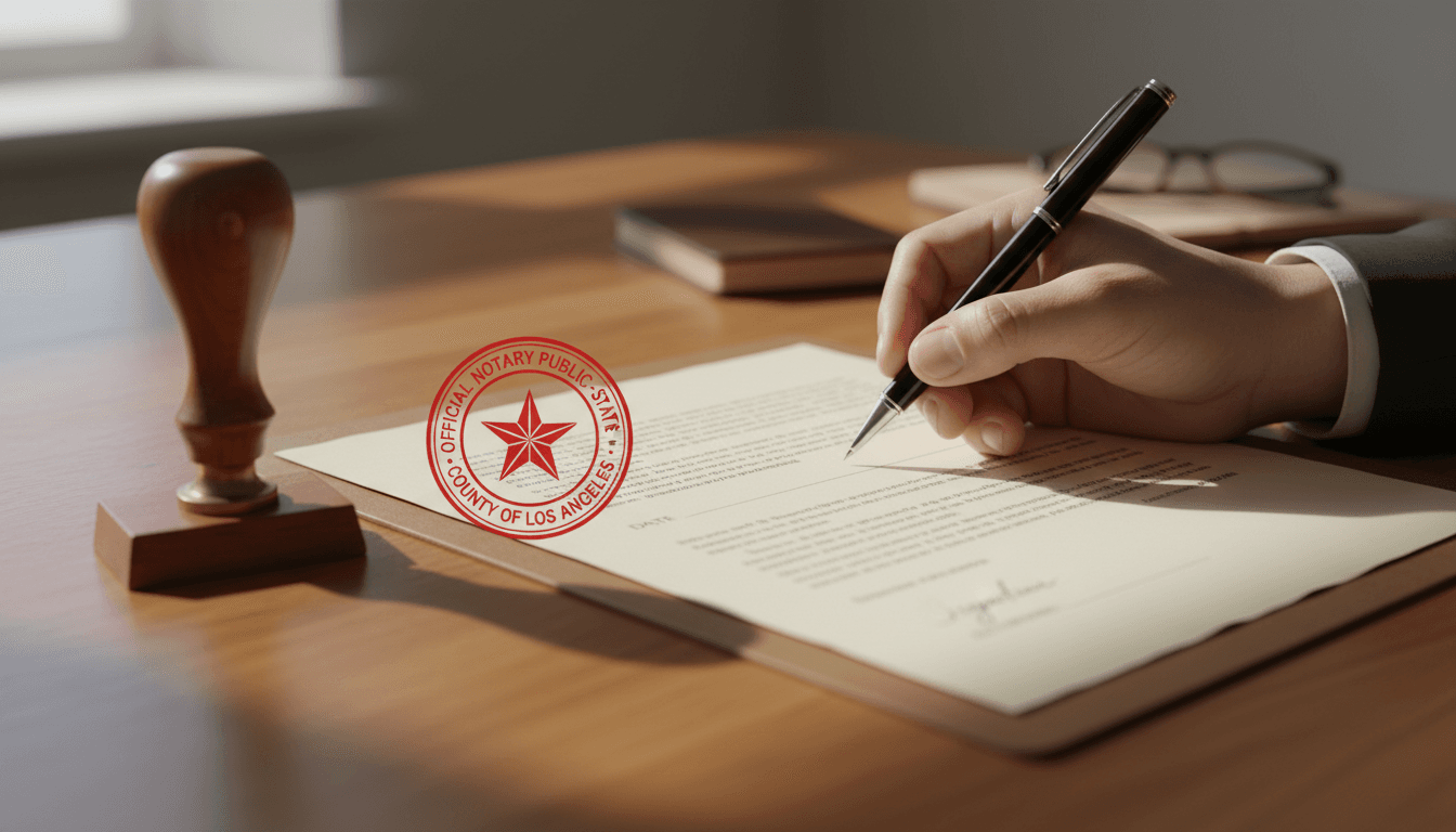 Close-up of a notary stamp on a signed document