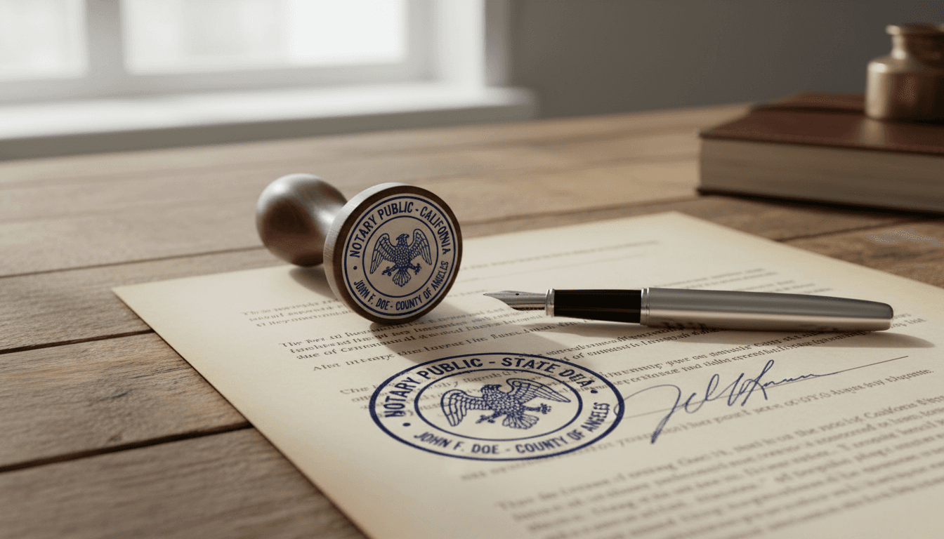 Notary stamp and pen on a signed document on a wooden desk