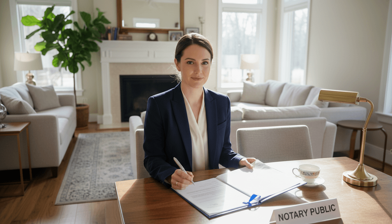 Notary holding pen and document in a cozy home setting