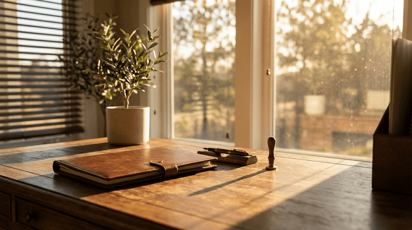 Notary stamping document on a desk in a home office