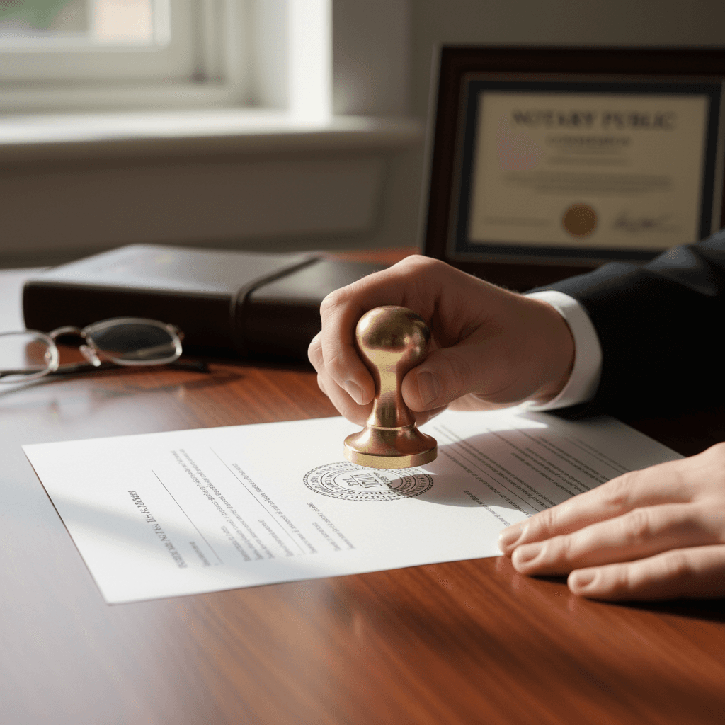 Notary stamp on a document with office setting